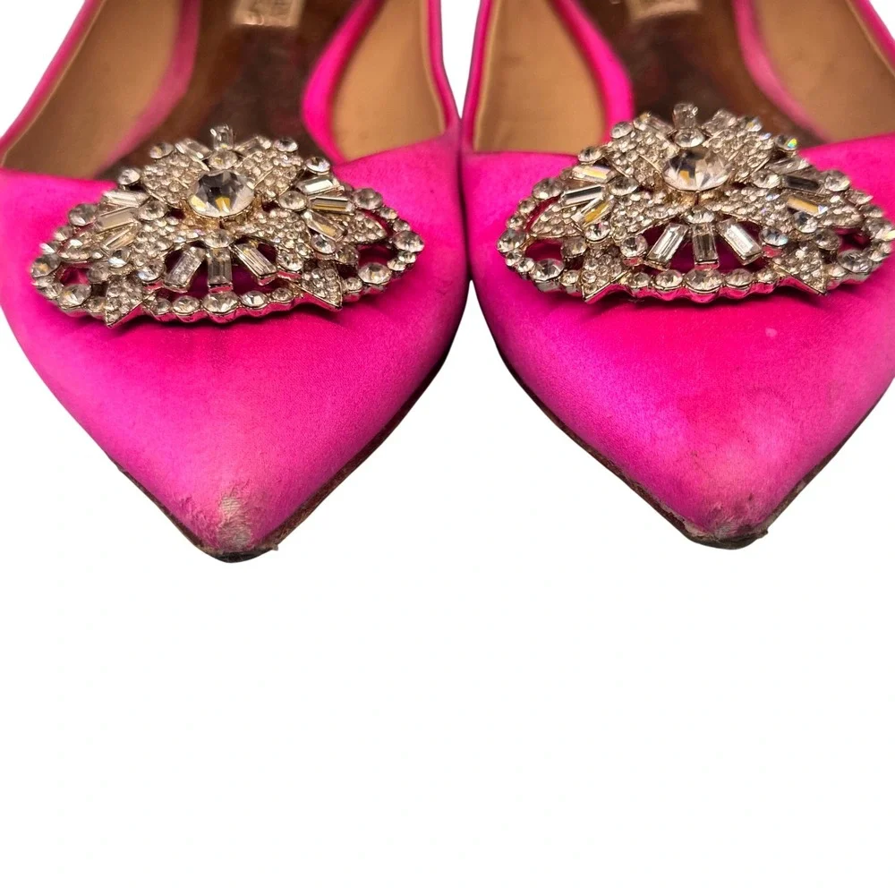 Size 7.5 - Badgley Mischka Davis Pink Satin Pointed Toe Crystal Brooch Flats